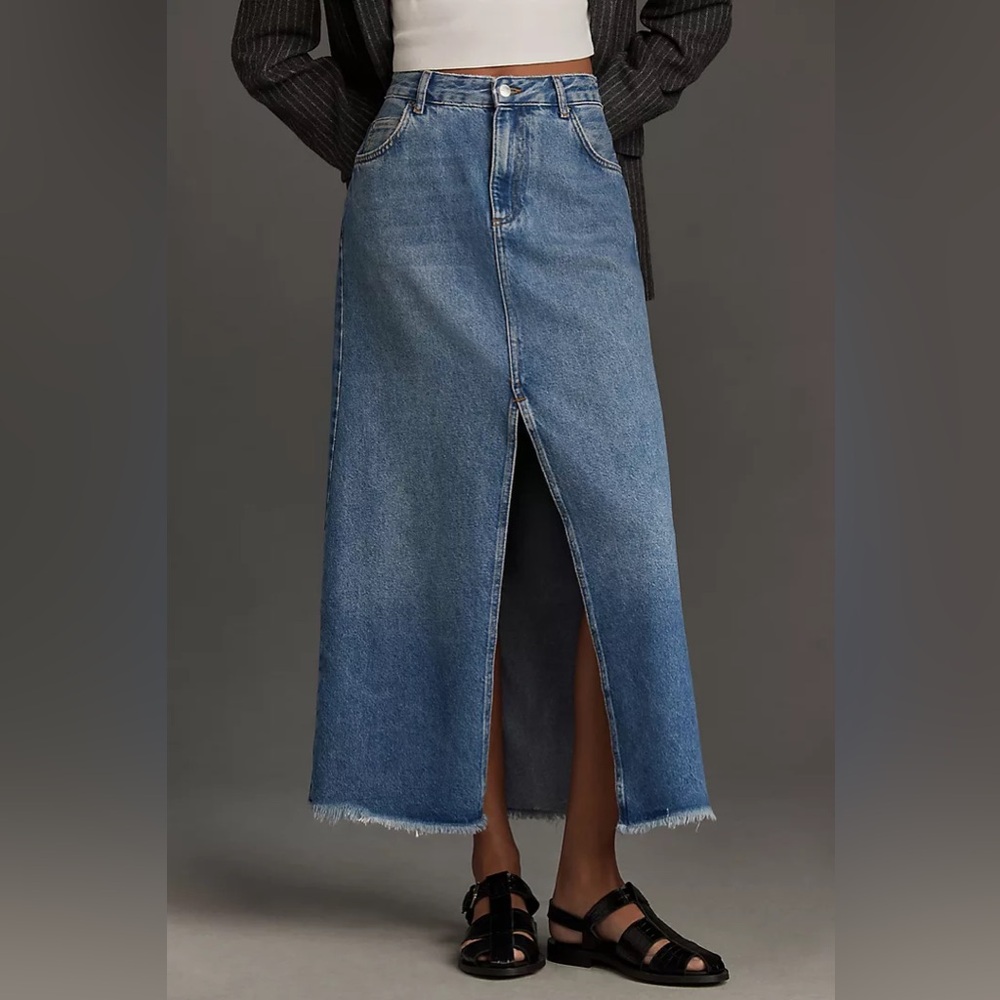 Pilcro x Anthropologie Blue Denim Madi Front-Slit Boho Western Maxi Skirt sz 22W